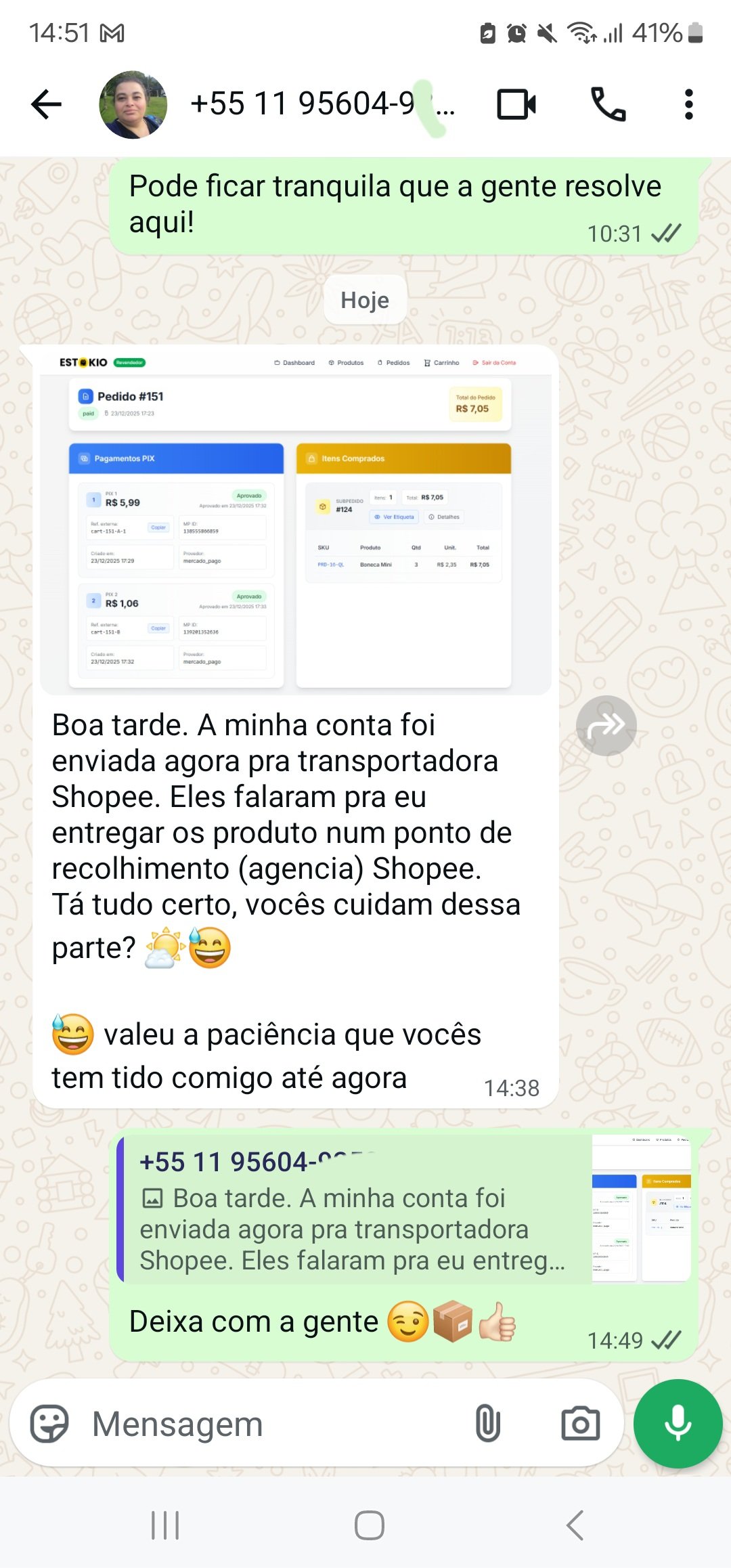 Screenshot de conversa no WhatsApp mostrando atendimento e suporte